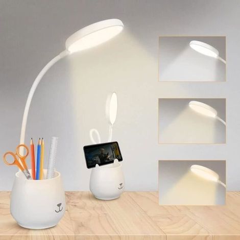 Lampada da scrivania (bianca), ricaricabile, con portapenne, 3 modalità di illuminazione e 24 LED. (1/4)