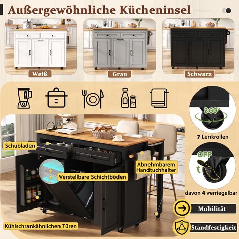 Îlot de cuisine roulant, table extensible avec plan de travail et compartiment poubelle, îlot mobile autonome avec multiprises, parfait pour cuisine et salle à manger (Noir) (1/5)