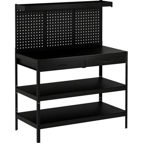 Établi, charge max. 272 kg, 122 x 61 x 156 cm, tôle perforée, 2 tiroirs et 2 étagères réglables, noir (1/5)