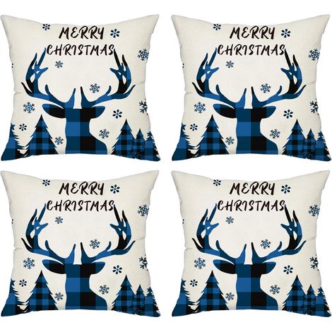 Housse De Coussin De Noël - Motif Renne Flocon De Neige - Lin Respirant 45x45 Cm - Pour Canapé Fauteuil Chambre - Lot De 4 (1/5)