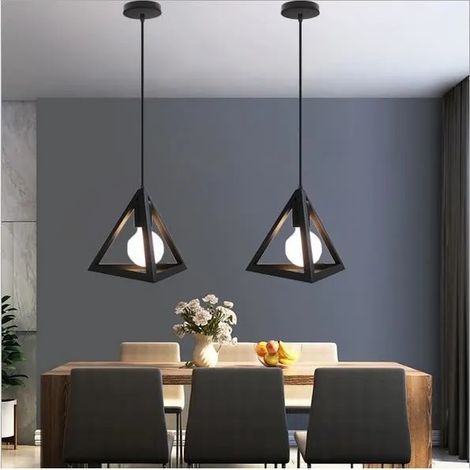 Lot de 2 Vintage Lampe Suspension en Fer Forge Industrielle Lustre Plafonnier Triangle Noir Style Nordique pour Salon Chambre (1/4)
