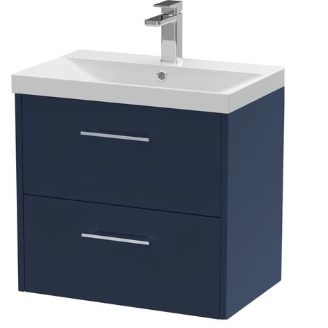 Winshill Contemporary 2 Drawer Wall Hung Vanity Unit with Thin Edge Basin, Dark Blue, 600mm
