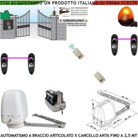 CANCELLO ELETTRICO KIT MOTORE A BRACCIO ARTICOLATO 220/24 V ANTA BATTENTE DA 0,5 A 2,5 MT CENTRALE 2 RADIOCOMANDI FARO SELETTORE 2 FOTOCELLULE (1/4)