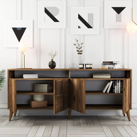 Credenza Falzes, Madia 2 Ripiani, 4 Ante, 6 Vani, 180x35x78h cm Marrone Noce (1/5)