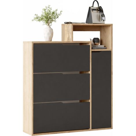 Meuble d'Entrée à Chaussures 4 Portes 4 Niches Chêne et Gris L 108.2 H 130.6 P 29.8 cm (1/5)