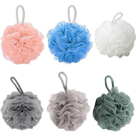 6 pièces d'éponge de bain, éponge de douche à mailles, éponge de bain douce, éponge de douche durable extra grande, facile à faire mousser, accessoires de salle de bain pour gommage corporel. (1/5)