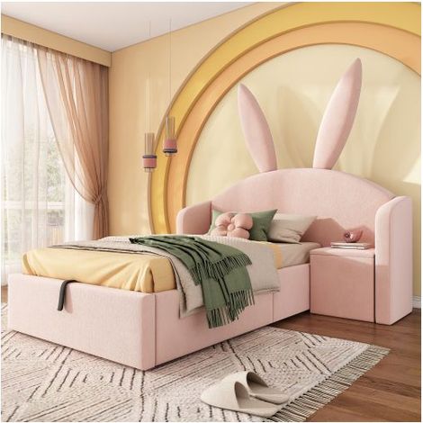 Lit Rembourré Enfant 90x200cm Velours Rose Doux Oreilles de Lapin - Lit Enfant - Grand Coffre de Rangement Hydraulique et Chevet (1/5)