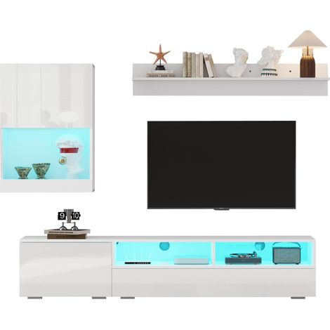 ELVMI Set Mobili TV a Parete con 1 Mobile TV 1 Pensile e 1 Mensola con Illuminazione LED Truciolare Bianco (1/5)