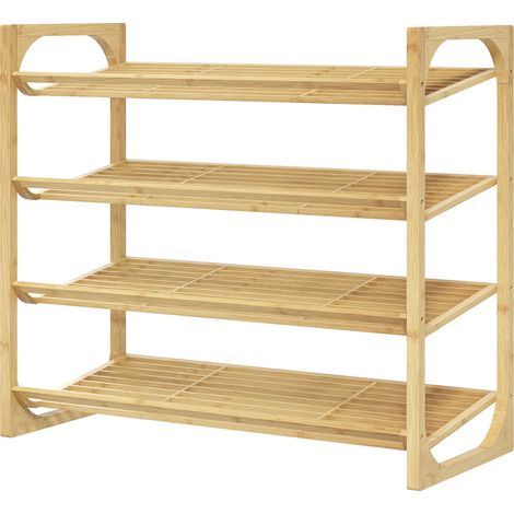 Schuhregal mit 4 Ablagen, Lattenrost für 12 Paar Schuhe, Bambus, 76 x 33 x 67 cm, Naturholz
