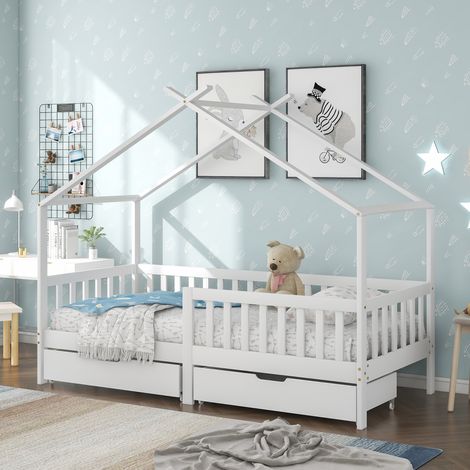 Kinderbett aus Massivholz Weiß 90x200 cm, Hausbett mit Zaun, 2 Schubladen, Lattenrost