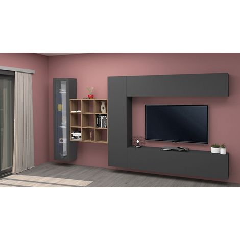 Parete Attrezzata Soggiorno 350x30x180 cm Maruska n°23 Grigio Antracite Opaco/Rovere Wotan (1/5)