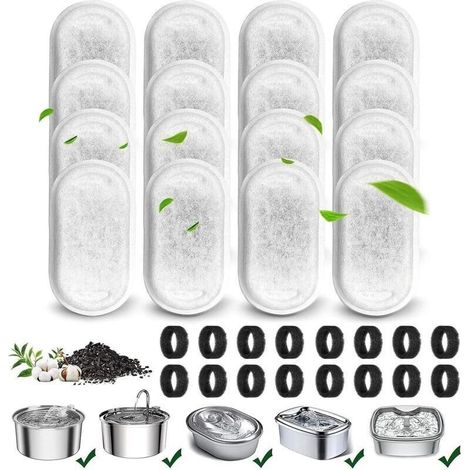 32 Pièces Filtre Fontaine Eau Chat en Acier Inoxydable,16 Filtres à Charbon et 16 Eponges de Préfiltration,Convient aux Abreuvoirs pour Chats en Acier Inoxydable de 3.2L/2L (1/5)