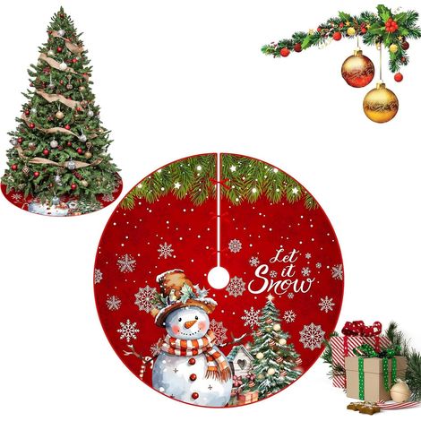 Jupe de sapin de Noël, tapis rond de 120 cm à motif bonhomme de neige rouge pour la décoration du sapin de Noël (1/5)