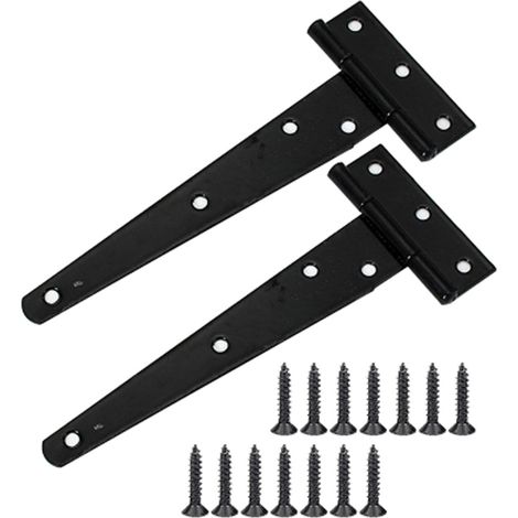 2 charnières en T pour portail, 20 cm, acier galvanisé, 7 trous, noir, pour portes métalliques et bois (1/5)