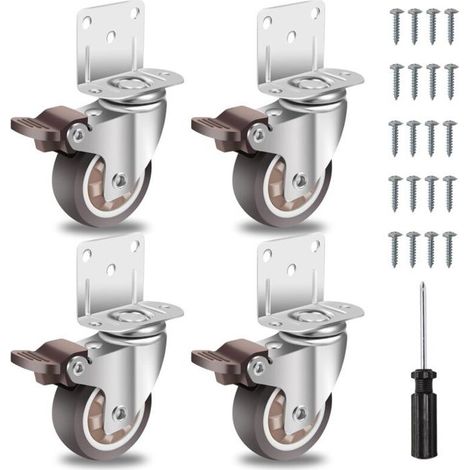 Ecleanfy - Roulettes meubles 50mm TPR lot de 4 avec frein, plaque en L, pivot 360° - Capacité totale 270 kg