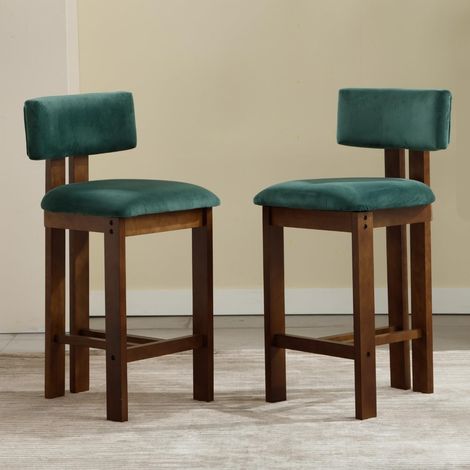 Wahson Set of 2 Velvet Soft Padded Retro Rustic Counter Chairs with Wood Frame for Home Bar Kitchen Counter, Green
