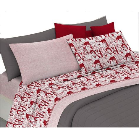 Completo letto lenzuola, parure, stampa digitale 100% cotone, made in italy linea people Rosso - Piazza e mezza