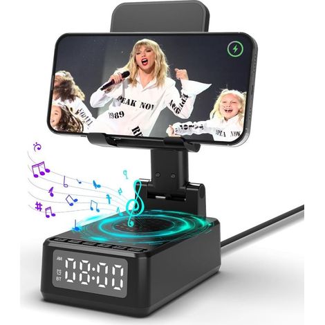Enceinte Bluetooth Portable 5 en1,Reveil Matin,Chargeur sans Fil,Support Pliable pour téléphone Portable Bureau,Idee Cadeau Homme Anniversaire,Original utile Cadeau pour Homme,Femme,Papa,Ado,collegue (1/5)