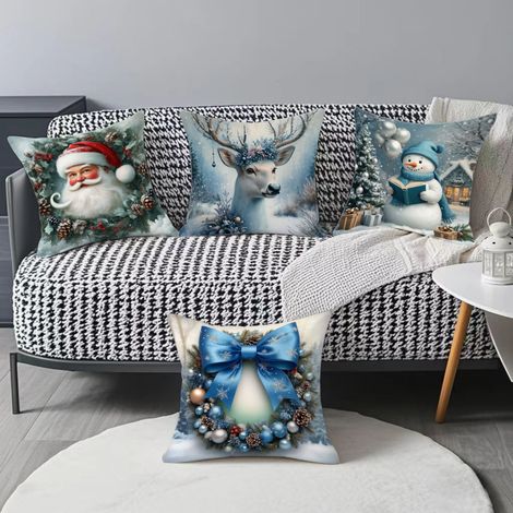 Housses de coussin de Noël bleu 45 x 45 cm, housses de coussin décoratives de Noël pour canapés avec fermeture éclair invisible, 4 pièces. (1/5)