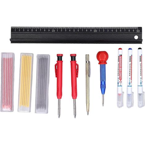 Kit d'outils de positionnement de trous pour le travail du bois : poinçon central, stylo à tracer, recharge, outil de marquage et de positionnement. (1/4)