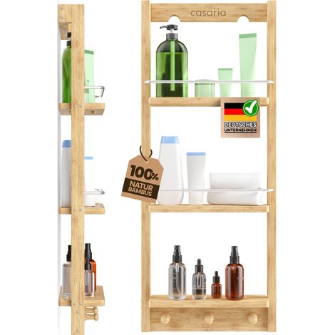 CASARIA® Duschregal zum Hängen Bambus 3 Ablagen 3 Haken 70x29x10cm Duschablage Hängend Badregal Hängeregal Dusche Holz