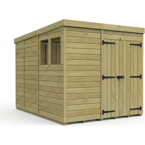 7ft x 9ft Pent Garden Shed Double Door With Windows - Pressure Treated Timber - L213 x W274 x H210 cm - Natural