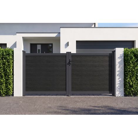 Portail bois composite battant plein 3m ATHOS H.140cm gris anthracite avec cadre aluminium (1/5)