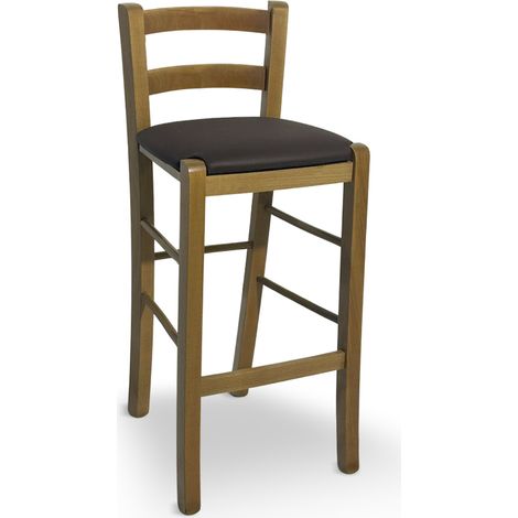 Hocker aus hellem Nussbaumholz mit Rückenlehne h 66cm mit Sitzfläche aus braunem Kunstleder