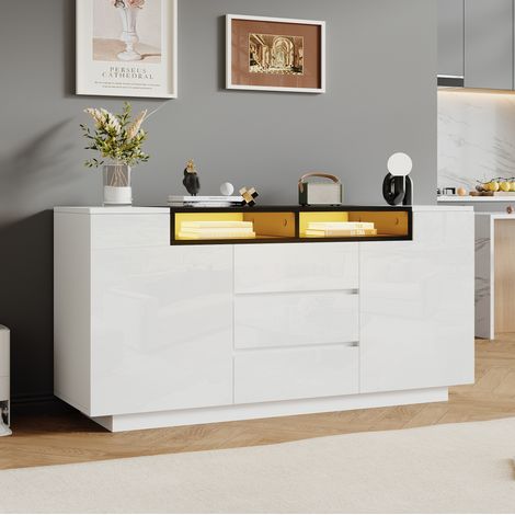 Buffet en panneaux de particules blanc et noir 140 x 40 x 68 cm, 2 portes, 3 tiroirs, tablette réglable et LED (1/5)