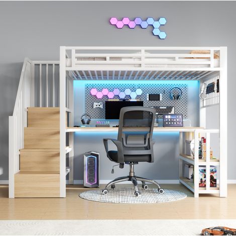 Lit enfant mezzanine 90 x 200 cm avec bureau, rangements, LED, USB et USB-C, blanc (1/5)