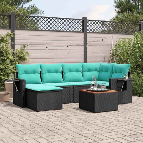 7-teiliges Gartensofa-Set mit Kissen, schwarzes Polyrattan (1/5)