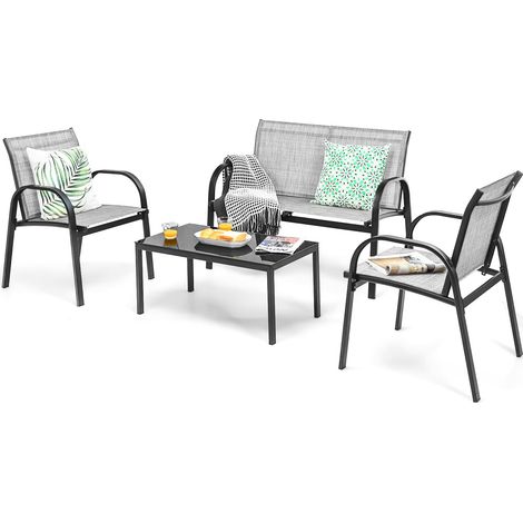 COSTWAY 4-Piece Patio Furniture Set with 2 Chairs & Glass Coffee Table-Grey (1/5)