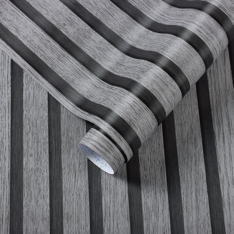 Papel pintado con efecto de listones de madera, 45 x 500 cm, gris oscuro y negro, autoadhesivo y texturizado, apto para cocinas y dormitorios. (1/5)