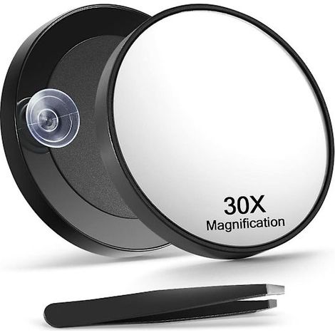 Miroir grossissant x30 avec pince à épiler - Miroir de maquillage grossissant avec 2 ventouses pour la toilette et les voyages (1/5)