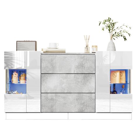Elegante credenza con 2 ante e 3 cassetti – frontali bianco lucido e effetto marmo grigio, illuminazione a LED con 16 colori, 140 x 35 x 75 cm (1/5)