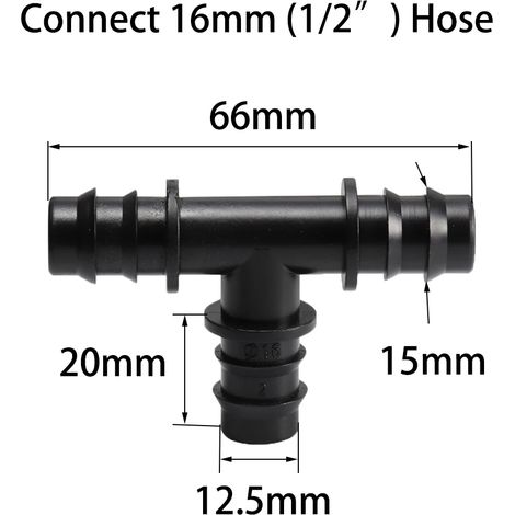 Raccord en T de 16 mm (2 pièces) pour tuyau d'arrosage en PE de 16 mm, système d'irrigation goutte à goutte de jardin, coude et bouchon. (1/5)