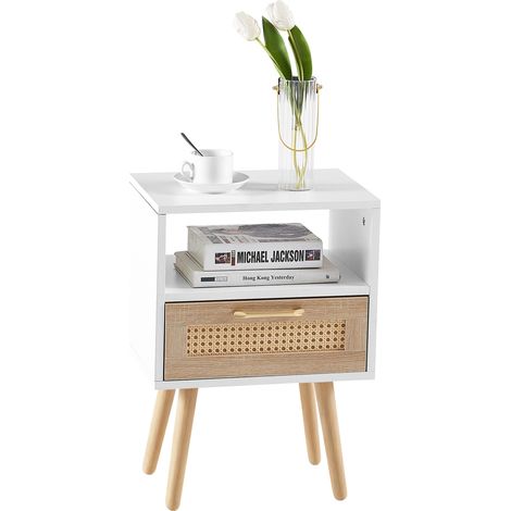 CHICFURN Mesita de noche 40x30x55 cm MDF blanco y ratán, 1 cajón, para dormitorio o salón (1/5)