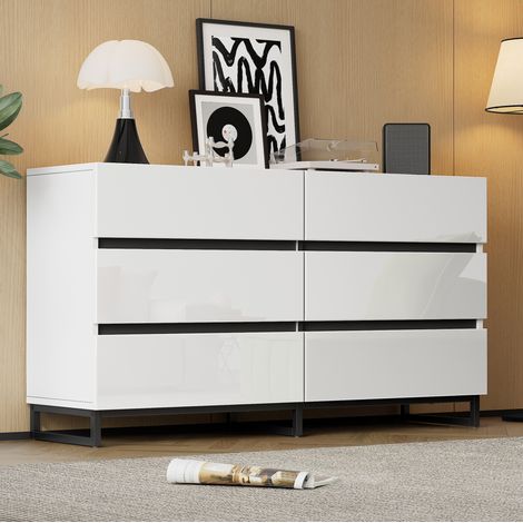Buffet 140x39.5x78.5 cm blanc et noir en panneaux de particules avec 6 tiroirs façade brillante (1/5)