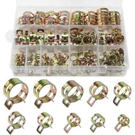 120 Pièces Clip à Ressort Metal 10 Taille Tuyau Serre-joints Tuyaux Colliers de Clip Réglable Double Oreille Tube Attaches Assortiment Kit avec Boîte de Rangement pour Tuyau D'eau Tuyau D'air (1/5)