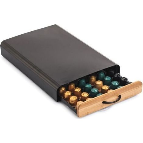 MSV – Tiroir de rangement pour capsules Nespresso – Design industriel en bambou et acier – Noir mat – Compatible avec cafetières Nespresso (1/5)