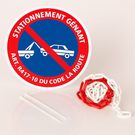 Panneau stationnement genant art. r417-10 code de la route disque rigide prépercé avec chaine plastique rouge/blanc avec collier de serrage de serrage Diamètre 300 mm