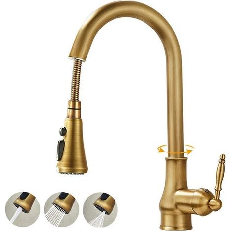Robinet extractible rétro en laiton avec trois modes : eau chaude et eau froide, adapté aux éviers de cuisine et aux lavabos.