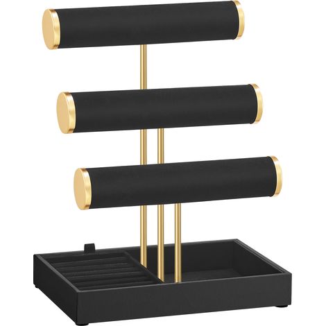 Présentoir à Bijoux 3 Niveaux, Porte-Bracelet en Velours avec Plateau, 22 x 15 x 29,2 cm, Noir et Or (1/5)