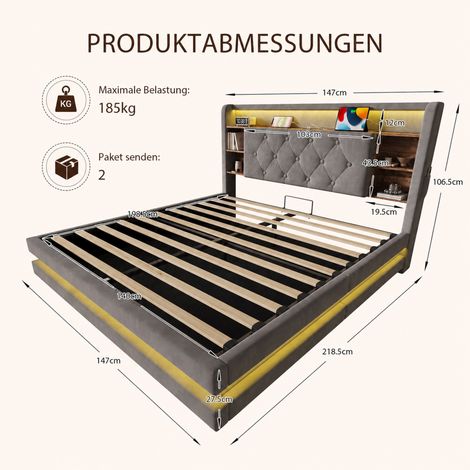 Cama tapizada de 140 × 200 cm con almacenamiento, cama de terciopelo con cabecero multifuncional, iluminación LED, 2 puertos USB y Tipo-C, sistema hidráulico, somier de láminas y estantes abiertos, co (1/5)