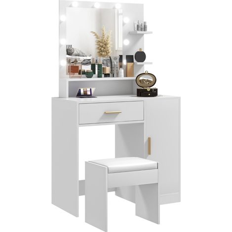 Coiffeuse blanche avec miroir LED et tabouret, tiroirs et étagères ajustables pour une chambre élégante. (1/5)