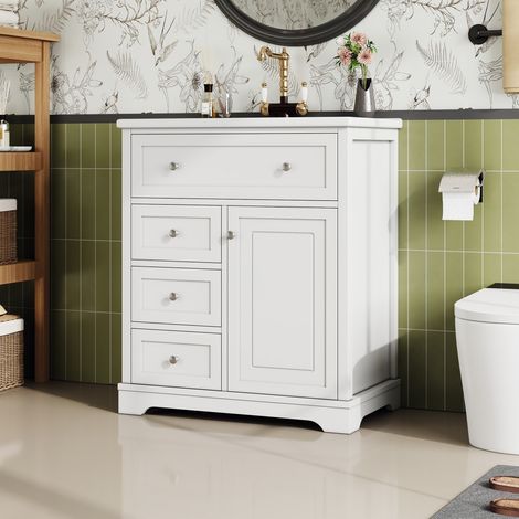 Meuble avec vasque simple-humidité résistante-coulisses silencieuses-tiroir abattant-vasque céramique-blanch-76x46x87cm