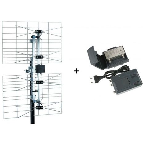 Kit Antenne Panneau UHF Extérieure TNT HD + Préampli Etanche UHF Réglable 1 entrée 1 sortie + Alimentation 220V - Gain 15dB+38dB