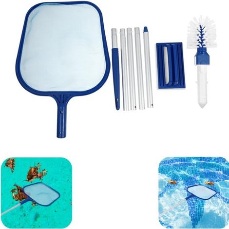 Kit de nettoyage pour piscine - épuisette de fond avec perche télescopique et brosse, bleu (1/5)