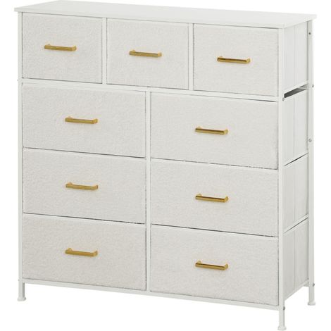 Pour Chambre et Salon Commode Meuble de Rangement 9 Tiroirs Tissu Sherpa Finition 3D Poignées Dorées 100x30x99cm Blanc Crème (1/5)