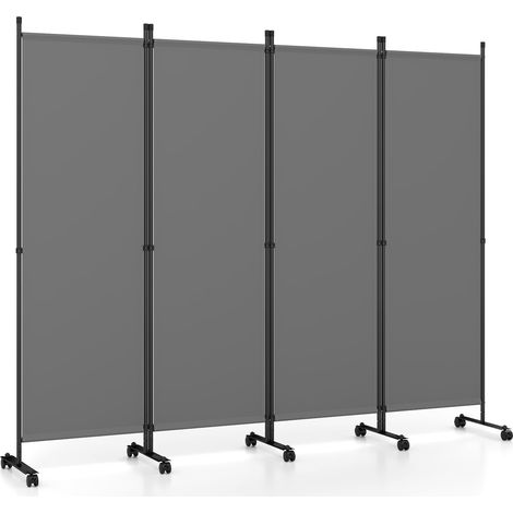 COSTWAY 225x173cm Paravent Intérieur 4 Panneaux à 10 roulettes, Cloison de Separation Interieur Pliable, Cadre en Metal, Tissu Polyester, Separateur de Pieces pour Salon Bureau Balcon (Gris) (1/5)